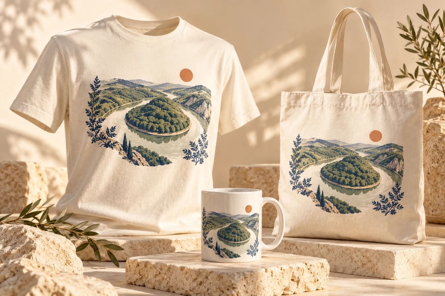 Entwurfsansicht eines Shirts, einer Stofftasche und einer Tasse mit Flussmotiv.